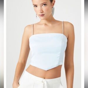 NWT Forever 21 Satin Rhinestone Spaghetti Strap Cropped Cami Light Blue Size L